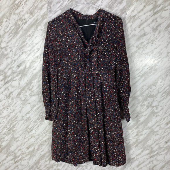 Madewell Balsam Tie-Neck Dress in Starry Night Black Long Sleeve 100% Silk - Picture 2 of 7